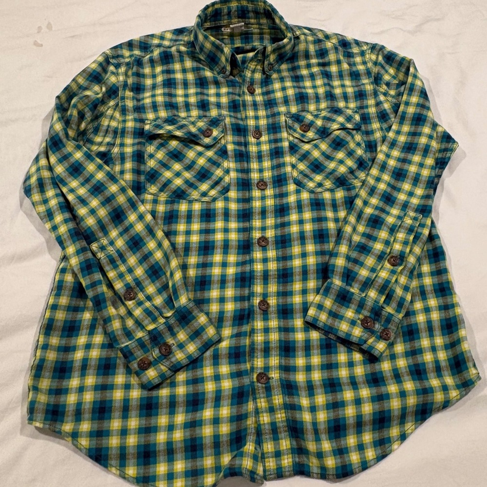 Duluth Trading Co Mens Medium Teal Blue Yellow Plaid Flannel Button Down Shirt